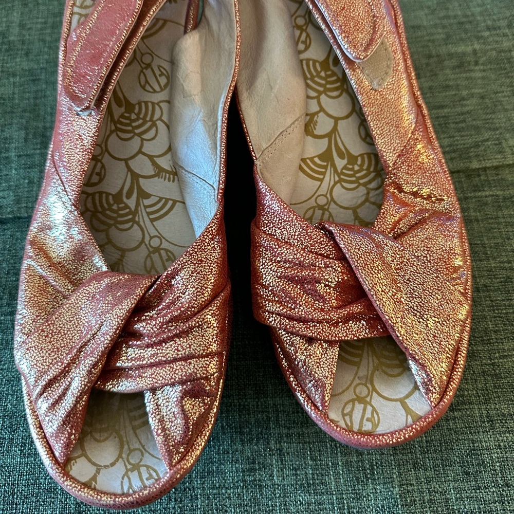 Fly London orange glitter yman leather wedge sandals